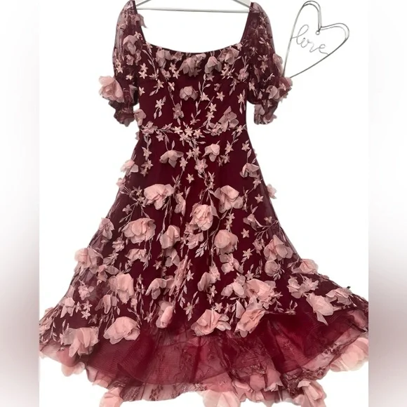 Marchesa Notte Maroon Pink Floral 3D Appliqu Off-Shoulder Dress Size